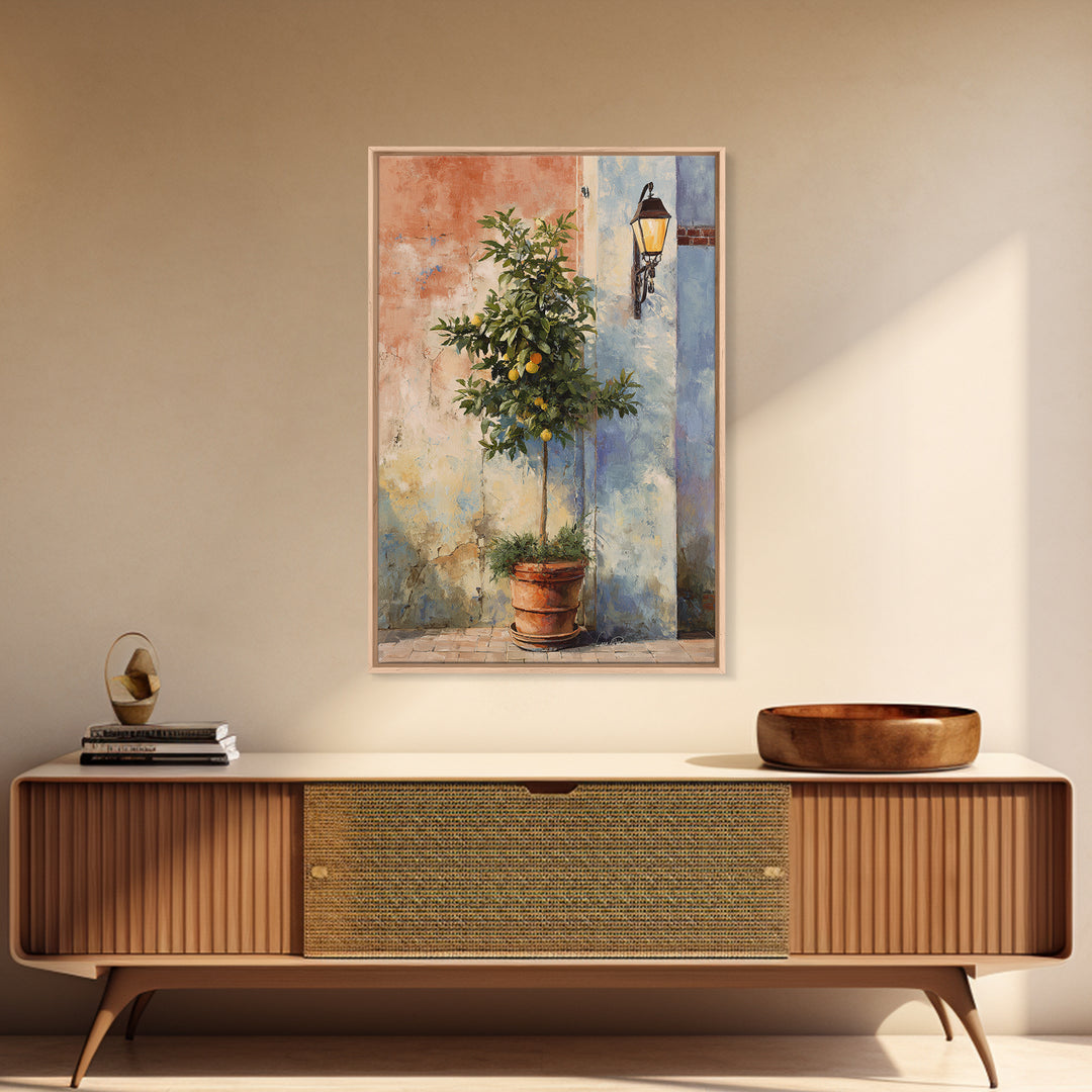 Orange Tree in a Courtyard Planter Framed Canvas Print, Italian Villa Art, Home Decor, Living Room Decor, Fine Art, Villa, IVA-2x3-46