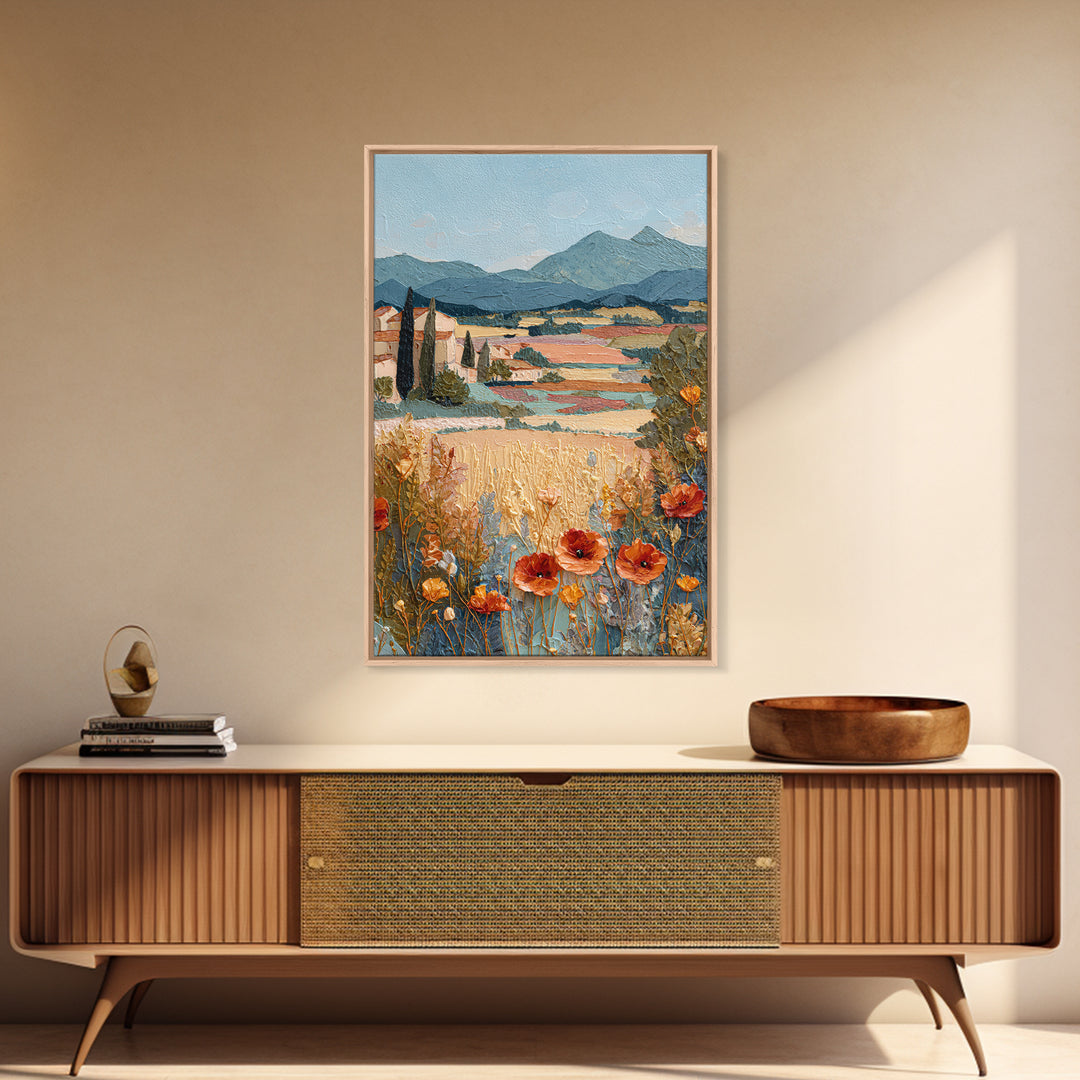 Tuscan Poppy Field Framed Canvas Print, Italian Villa Art, Travel Poster, Living Room Decor, Abstract Art, Villa, IVA-2x3-47