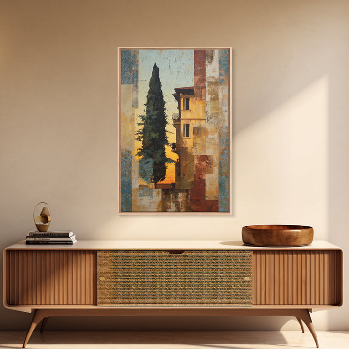 Cypress Silhouette at Sunset Framed Canvas Print, Italian Villa Art, Boho Decor, Living Room Decor, Oil Painting, Villa, IVA-2x3-53