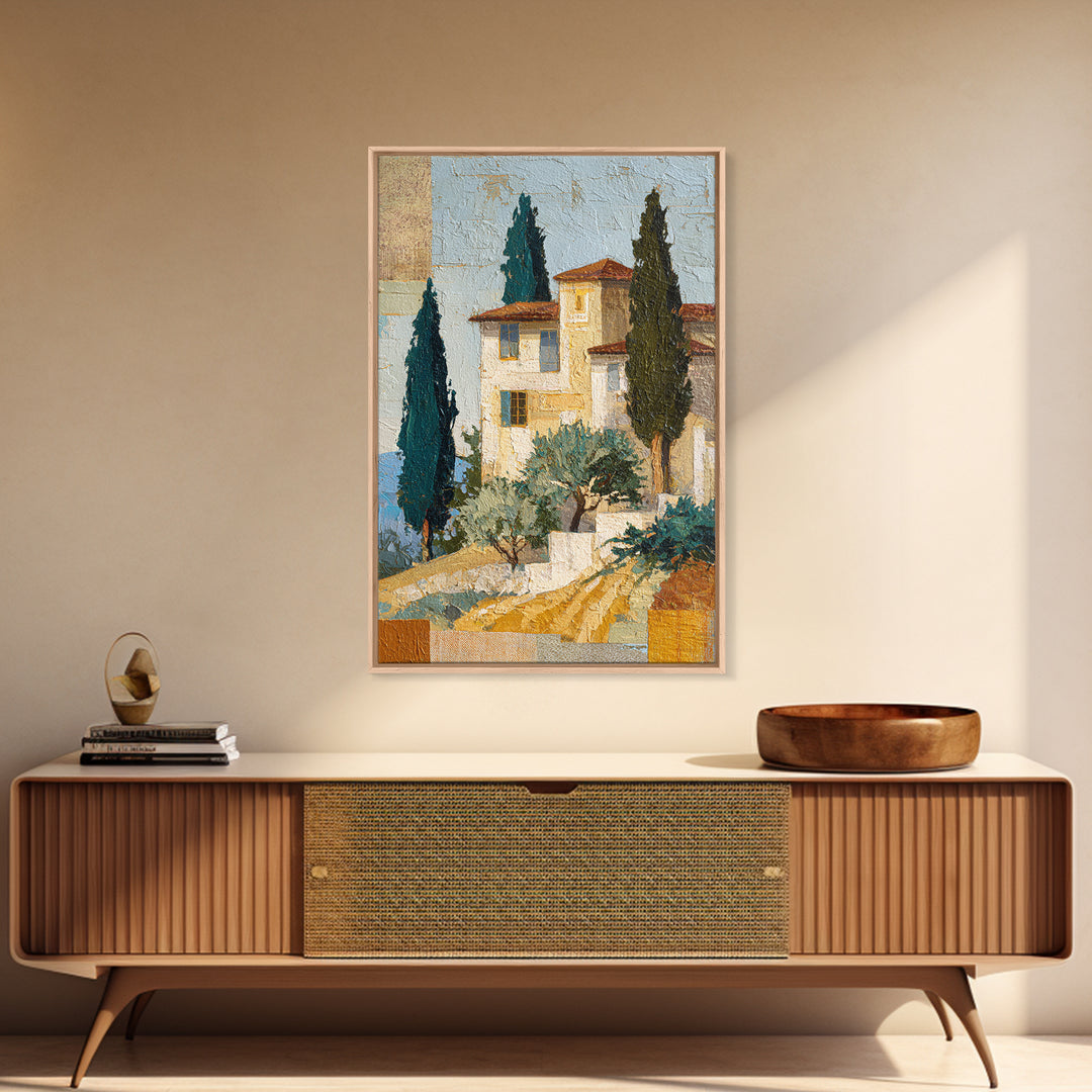 Tuscan Hillside with Cypress Trees and Golden Canvas Print, Italian Villa Art, Minimalist Decor, Living Room Decor, IVA-2x3-57