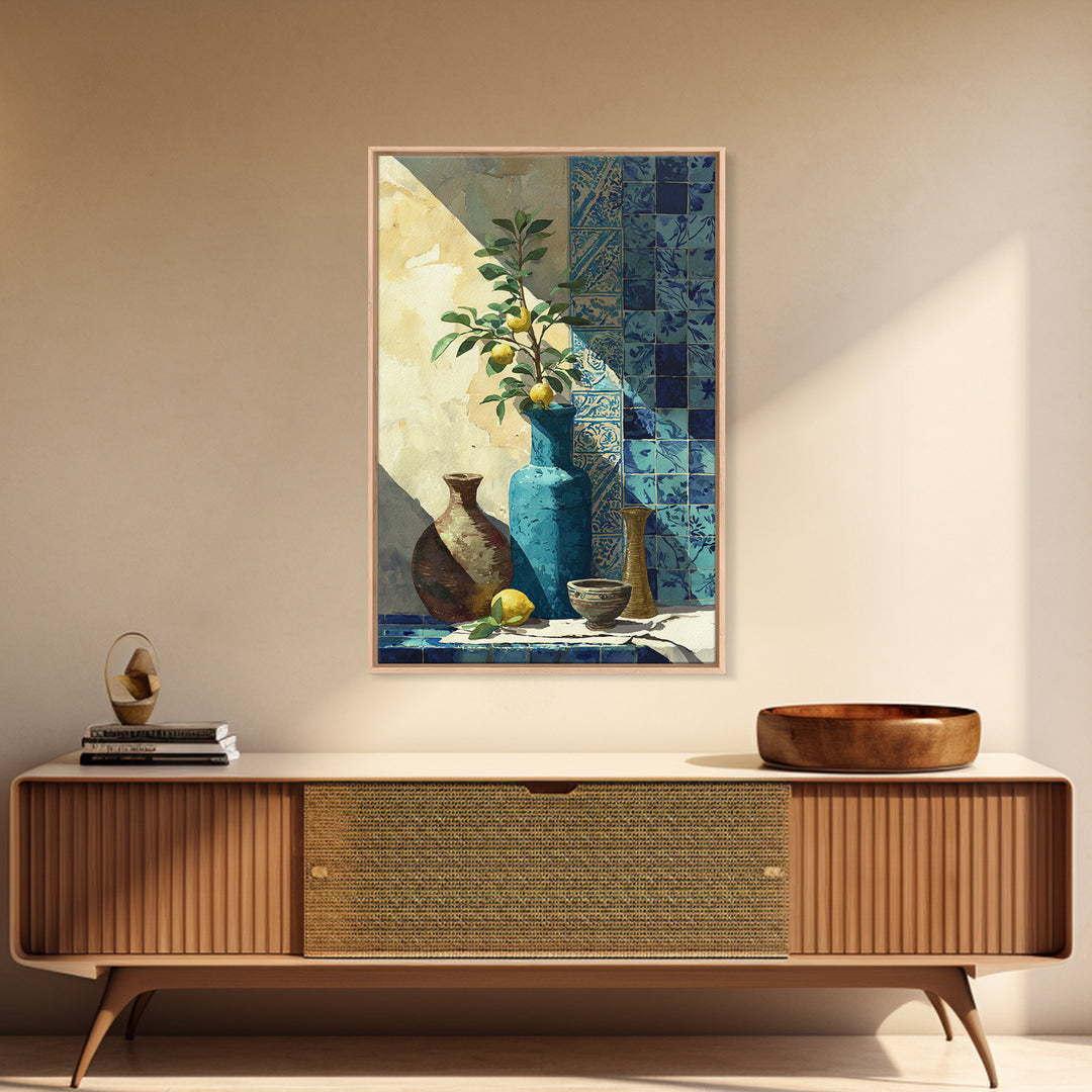 Lemon Branch in Blue Ceramic Vase Canvas Print, Italian Villa Art, Luxury Decor, Living Room Decor, Villa, Framed Wall Art, IVA-2x3-58