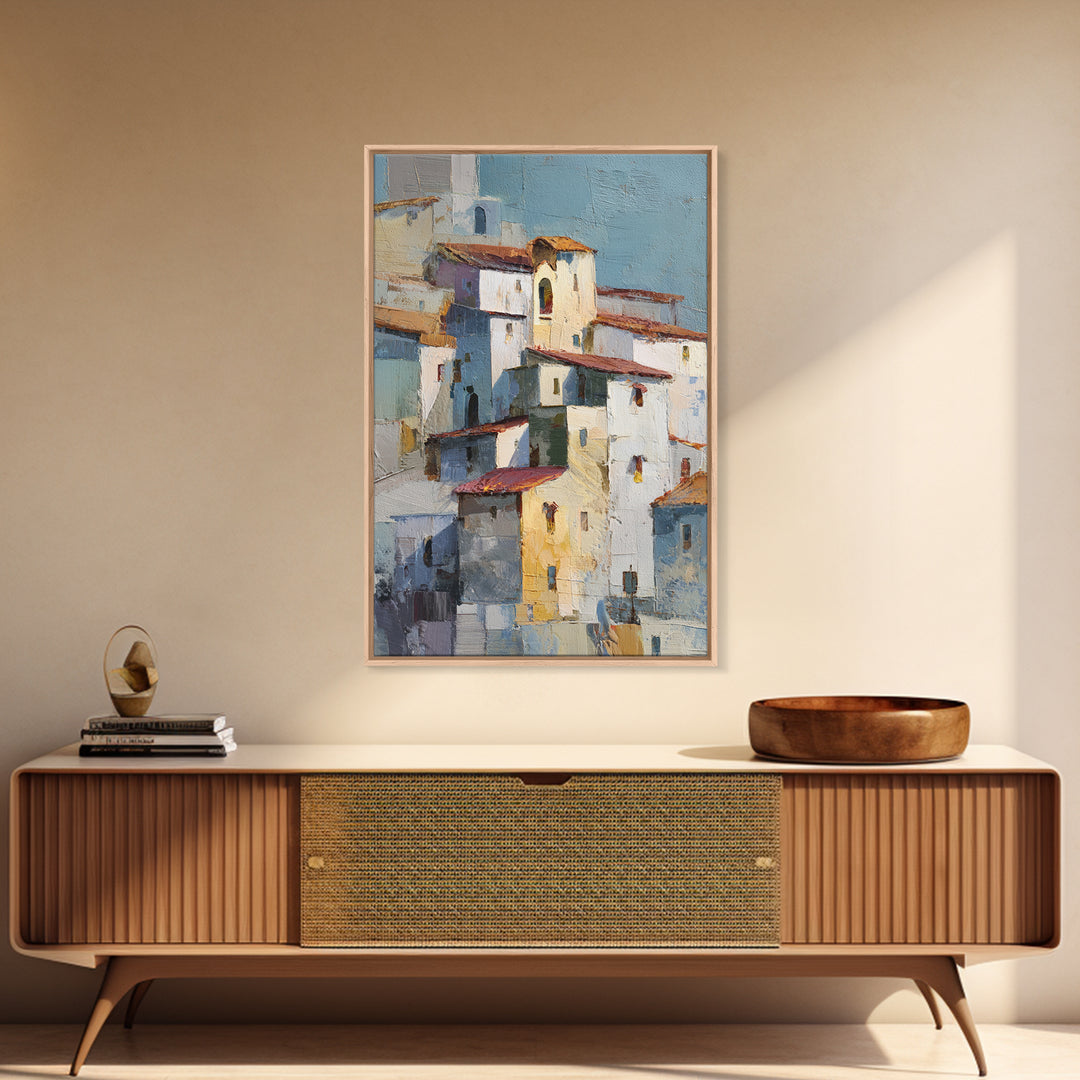 Terracotta Rooftops Against Pale Sky Framed Canvas Print, Italian Villa Art, Digital Art Print, Living Room Decor, Villa, IVA-2x3-60