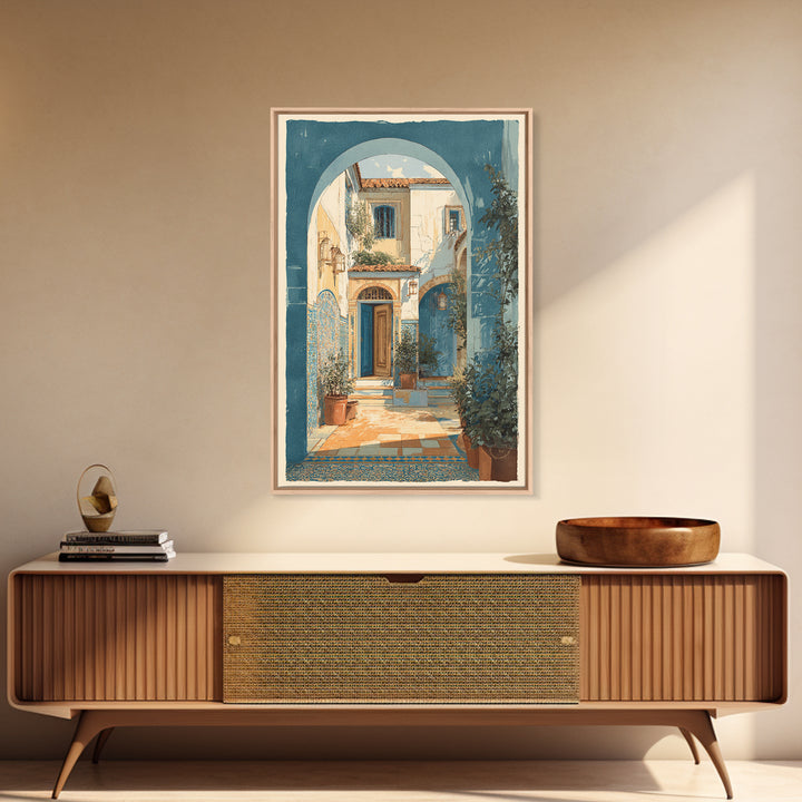 Mediterranean Arch Framing Blue Sea Framed Canvas Print, Italian Villa Art, Gallery Wall Set, Living Room Decor, Villa, IVA-2x3-64