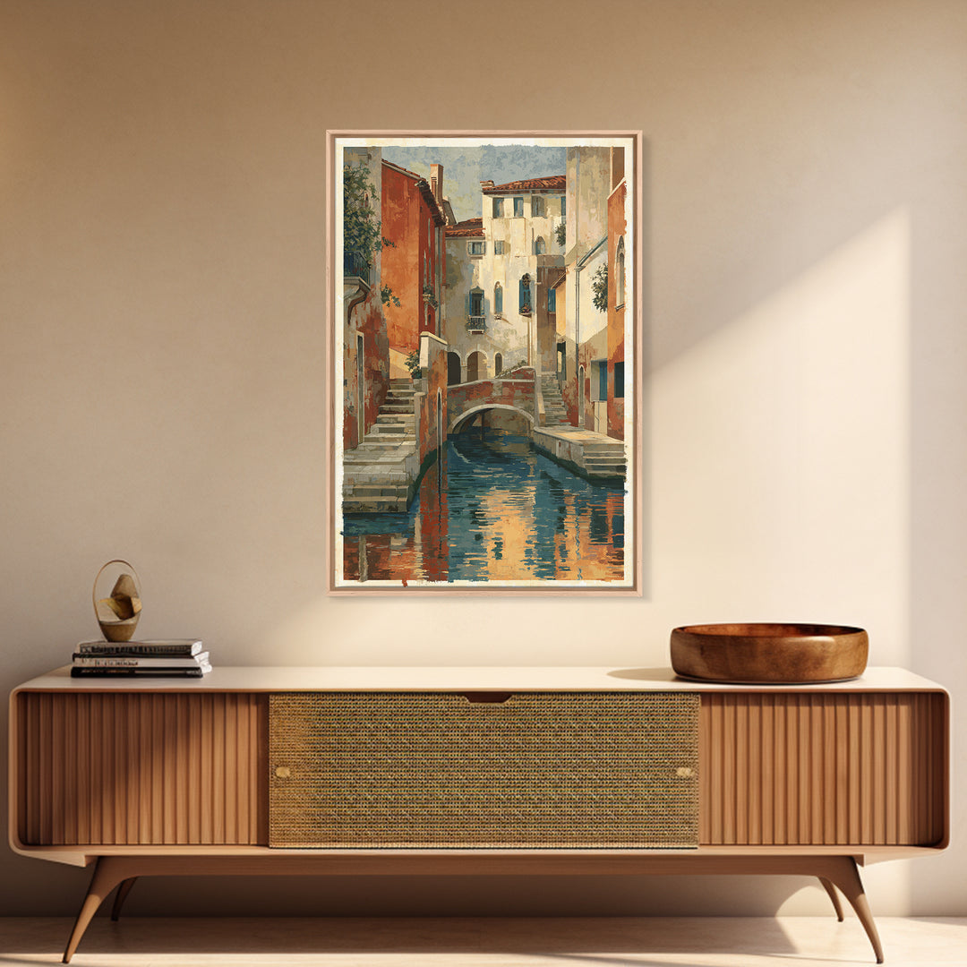 Venetian Canal Reflection Without City Crowd Canvas Print, Italian Villa Art, Textured Painting, Living Room Decor, Villa, IVA-2x3-76