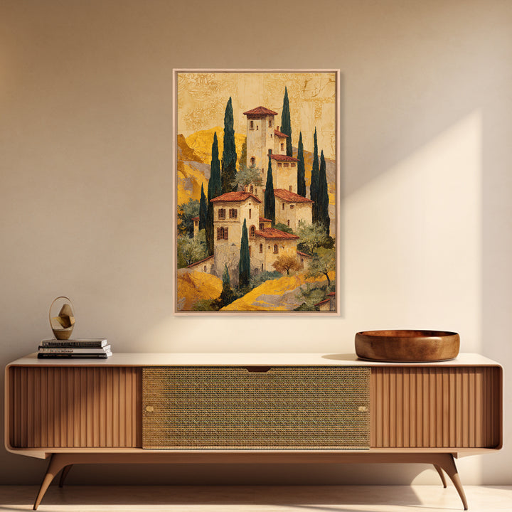 Tuscan Hillside with Cypress Trees and Golden Canvas Print, Italian Villa Art, Minimalist Decor, Living Room Decor, IVA-2x3-81