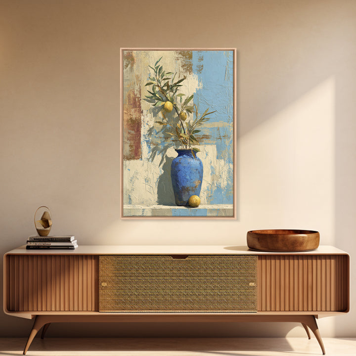 Lemon Branch in Blue Ceramic Vase Canvas Print, Italian Villa Art, Luxury Decor, Living Room Decor, Villa, Framed Wall Art, IVA-2x3-82