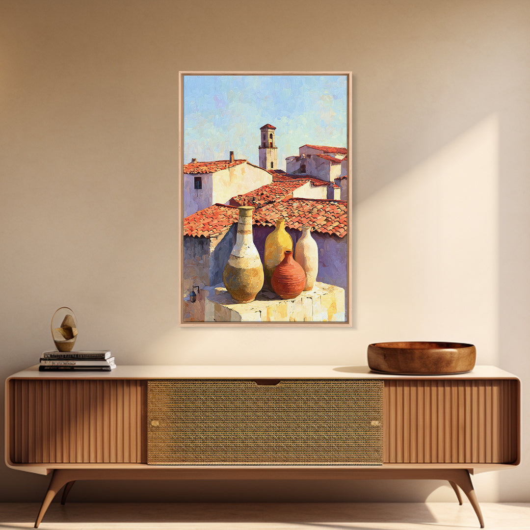 Terracotta Rooftops Against Pale Sky Framed Canvas Print, Italian Villa Art, Digital Wall Art, Living Room Decor, Villa, IVA-2x3-84
