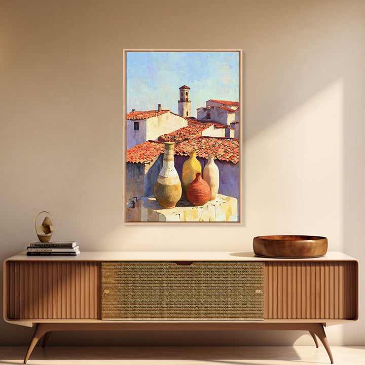 Terracotta Rooftops Against Pale Sky Framed Canvas Print, Italian Villa Art, Digital Wall Art, Living Room Decor, Villa, IVA-2x3-84