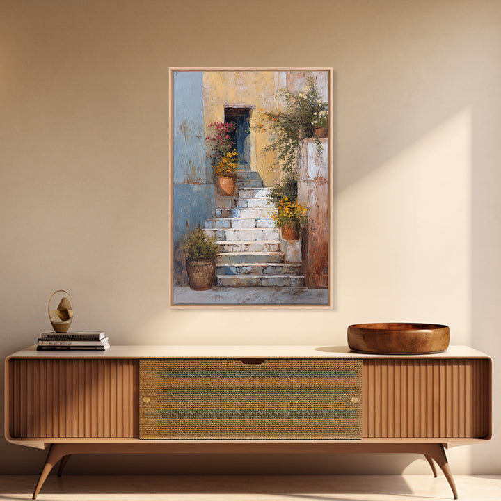 Sunlit Stone Stairway Canvas Print, Italian Villa Art, Luxury Decor, Living Room Decor, Fine Art, Villa, Framed Wall Art, IVA-2x3-91