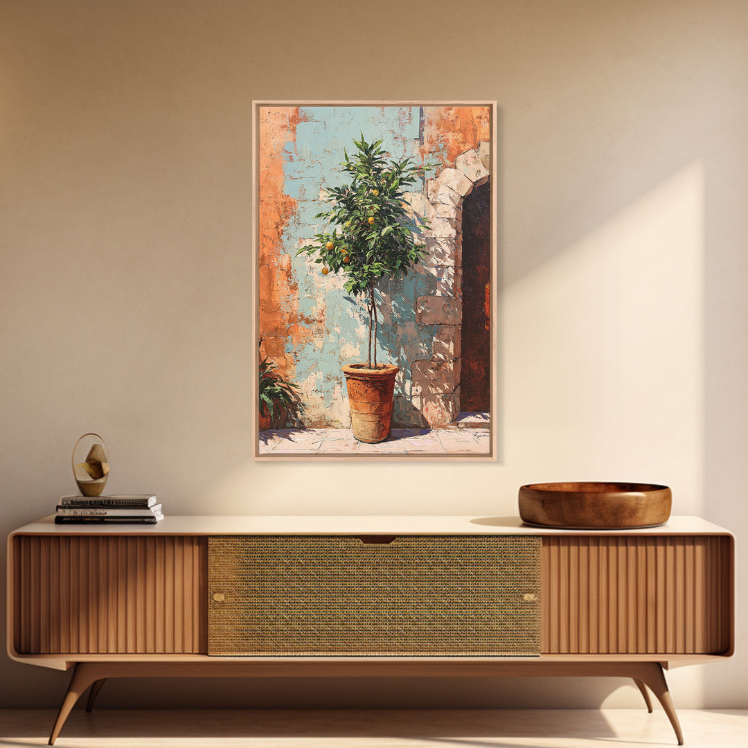 Orange Tree in a Courtyard Planter Framed Canvas Print, Italian Villa Art, Textured Painting, Living Room Decor, Villa, IVA-2x3-94