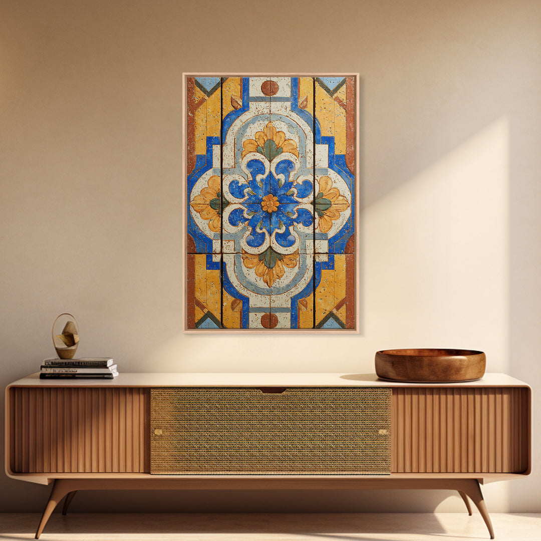 Italian Tile Pattern Framed Canvas Print, Italian Villa Art, Textured Painting, Living Room Decor, Villa, Living Room Wall Art, IVA-2x3-97