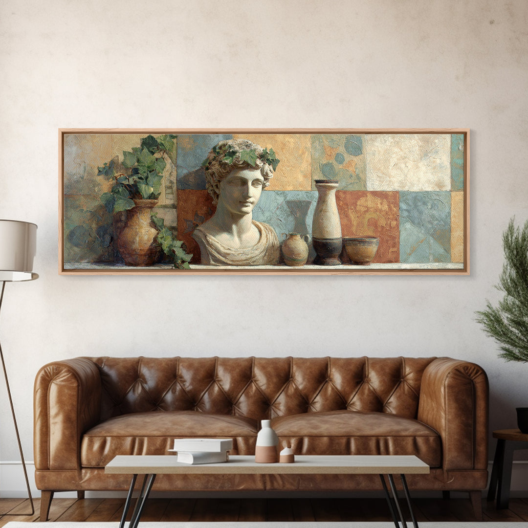 Classic Roman Statue Bust Canvas Print, Italian Villa Art, Landscape Art, Living Room Decor, Abstract Art, Villa, IVA-3x1-100