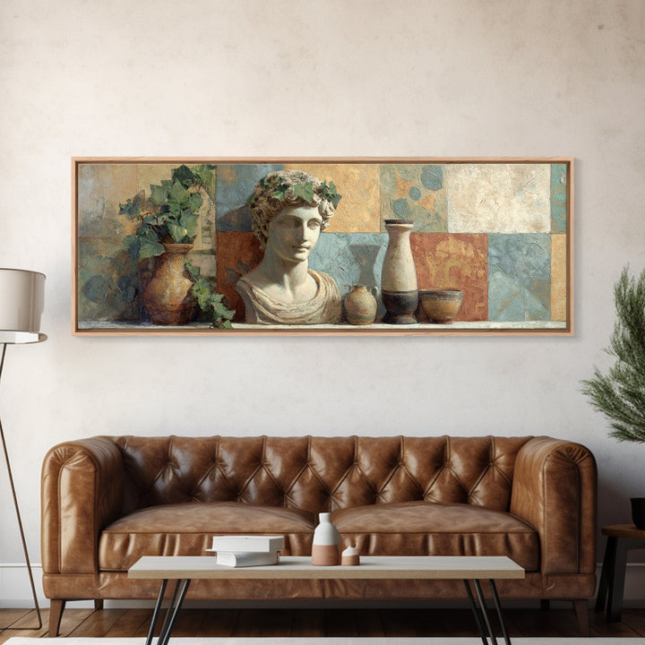 Classic Roman Statue Bust Canvas Print, Italian Villa Art, Landscape Art, Living Room Decor, Abstract Art, Villa, IVA-3x1-100
