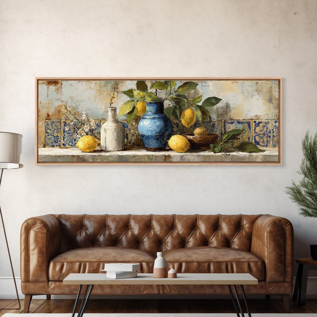 Lemon Branch in Blue Ceramic Vase Framed Canvas Print, Italian Villa Art, Living Room Decor, Watercolor Art, Villa, IVA-3x1-18