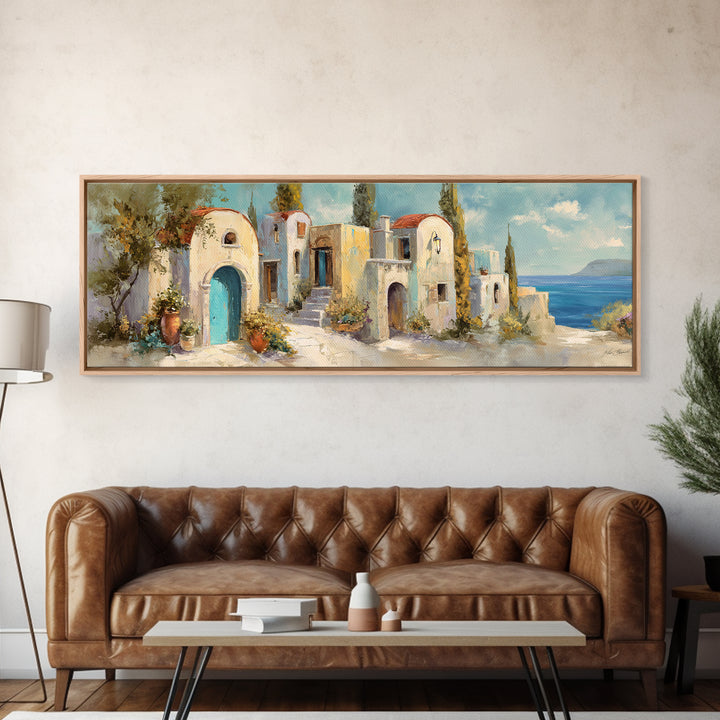 Mediterranean Arch Framing Blue Sea Canvas Print, Italian Villa Art, Rustic Home Decor, Living Room Decor, Fine Art, Villa, IVA-3x1-24