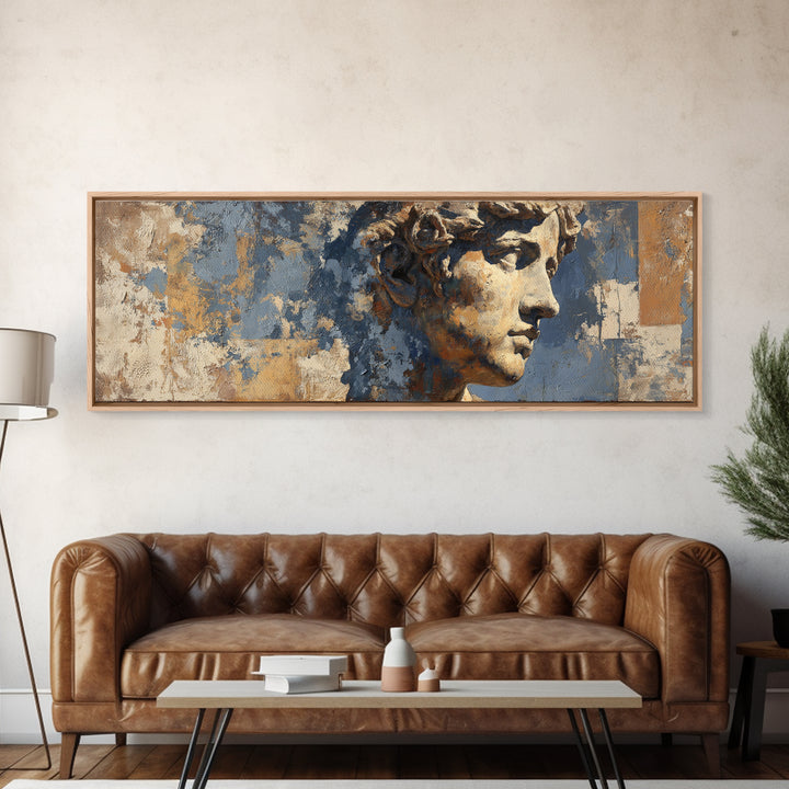 Classic Roman Statue Bust Framed Canvas Print, Italian Villa Art, Landscape Print, Living Room Decor, Oil Painting, Villa, IVA-3x1-28