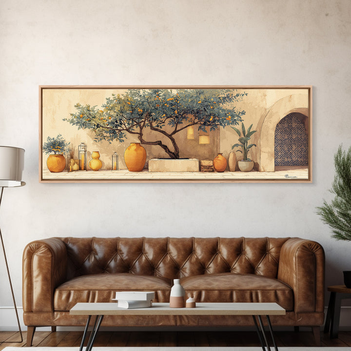 Orange Tree in a Courtyard Planter Canvas Print, Italian Villa Art, Statement Artwork, Living Room Decor, Fine Art, Villa, IVA-3x1-30