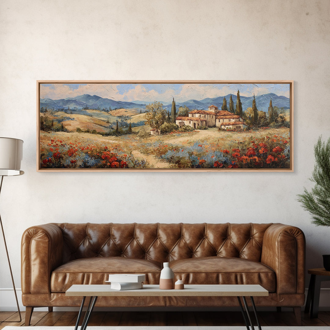 Tuscan Poppy Field Canvas Print, Italian Villa Art, Gallery Decor, Living Room Decor, Abstract Art, Villa, Minimalist Decor, IVA-3x1-31