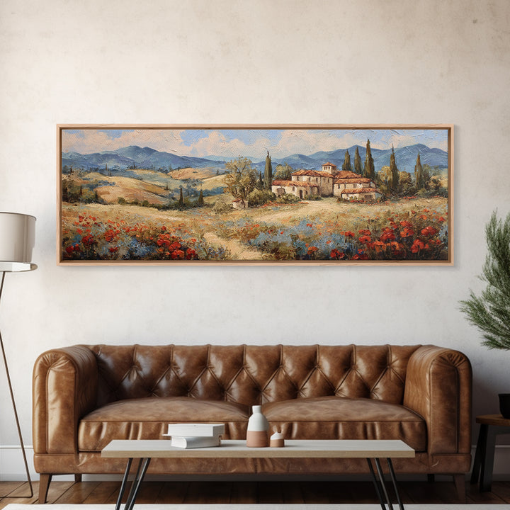 Tuscan Poppy Field Canvas Print, Italian Villa Art, Gallery Decor, Living Room Decor, Abstract Art, Villa, Minimalist Decor, IVA-3x1-31