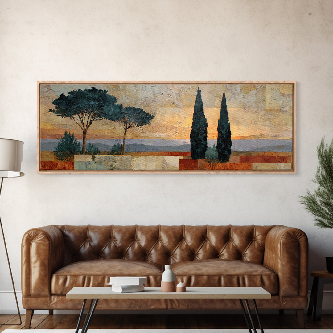 Cypress Silhouette at Sunset Framed Canvas Print, Italian Villa Art, Oil Painting, Living Room Decor, Watercolor Art, Villa, IVA-3x1-37