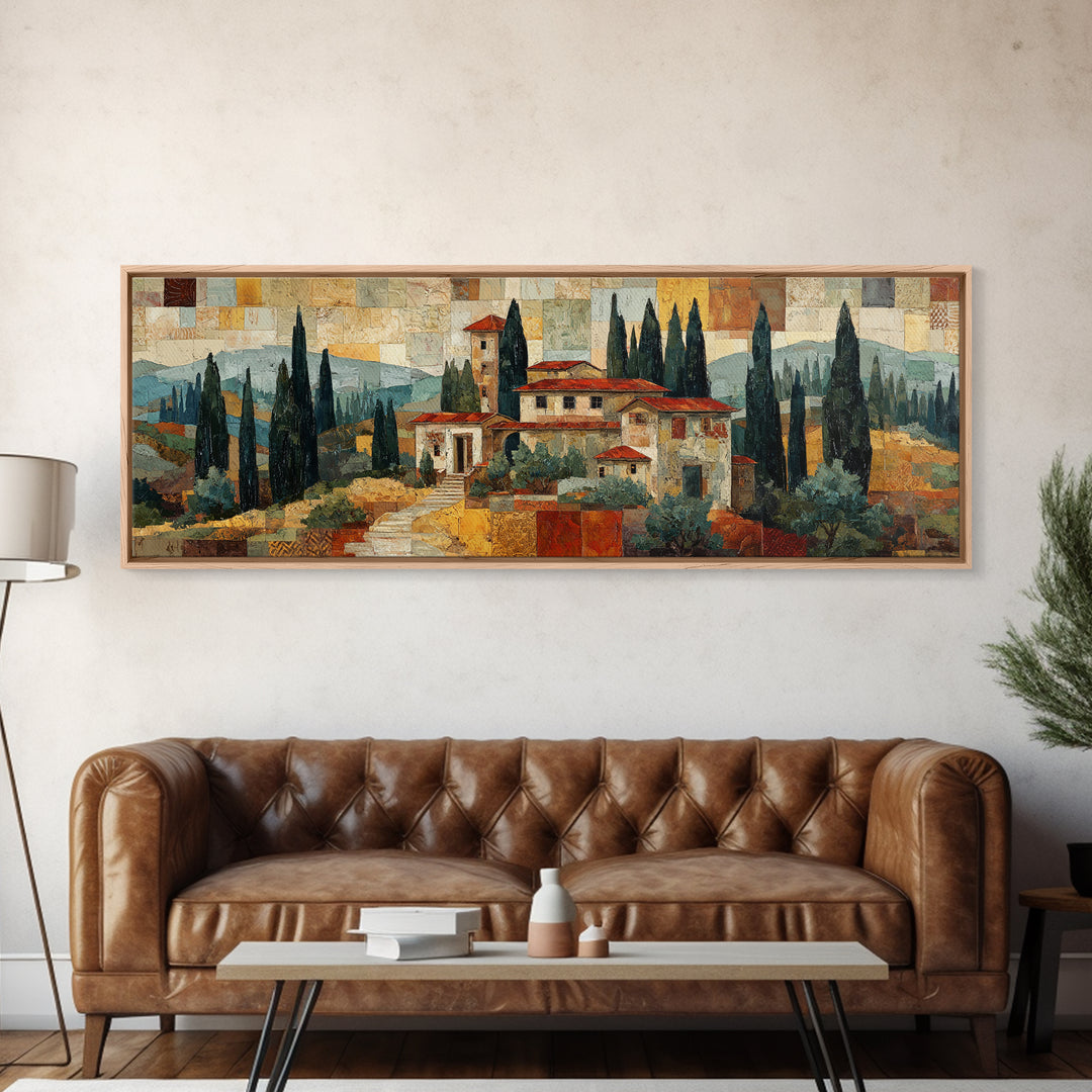 Tuscan Hillside with Cypress Trees and Golden Canvas Print, Italian Villa Art, Living Room Wall Art, Living Room Decor, Villa, IVA-3x1-41