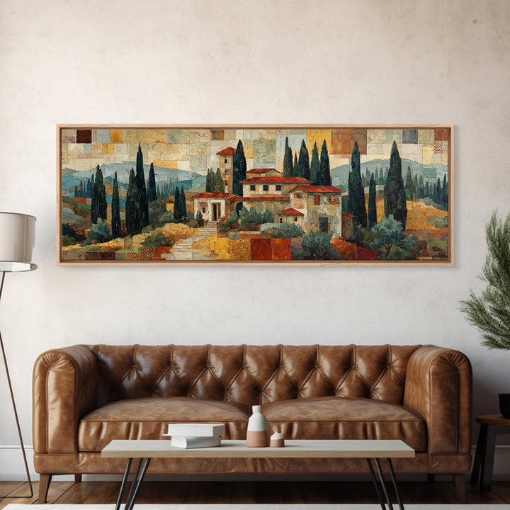 Tuscan Hillside with Cypress Trees and Golden Canvas Print, Italian Villa Art, Living Room Wall Art, Living Room Decor, Villa, IVA-3x1-41