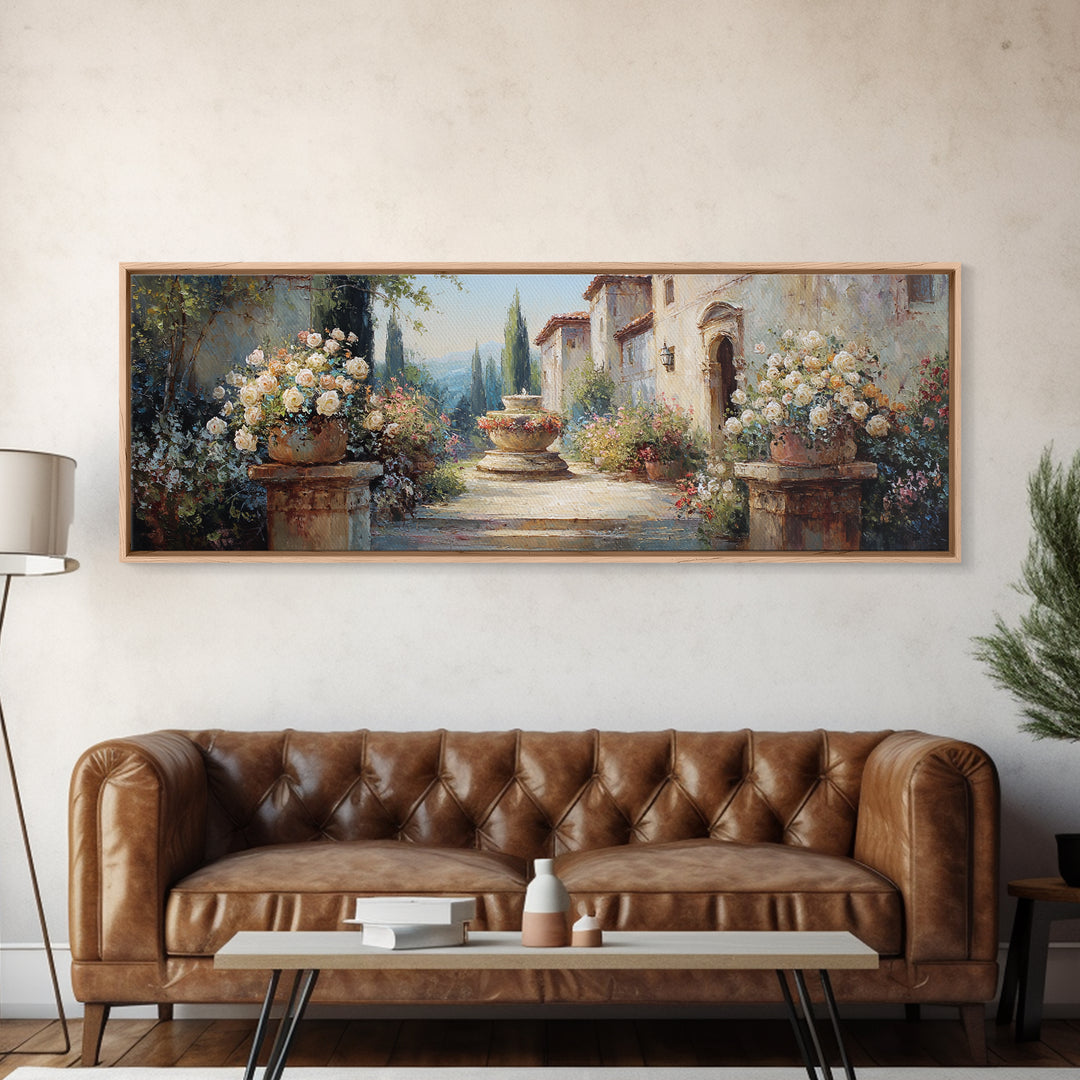 Italian Villa Garden Urn Canvas Print, Italian Villa Art, Framed Wall Art, Living Room Decor, Villa, Colorful Wall Art, IVA-3x1-46