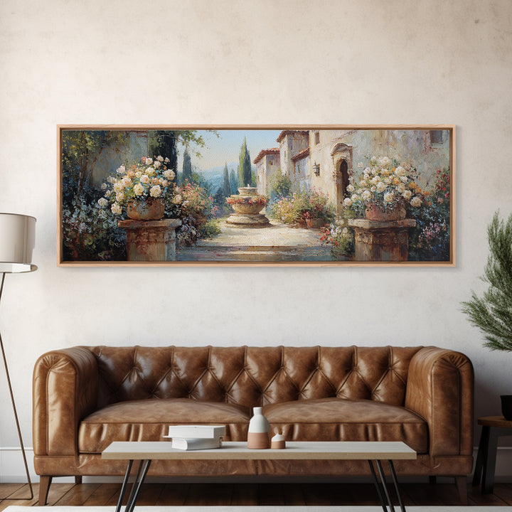 Italian Villa Garden Urn Canvas Print, Italian Villa Art, Framed Wall Art, Living Room Decor, Villa, Colorful Wall Art, IVA-3x1-46