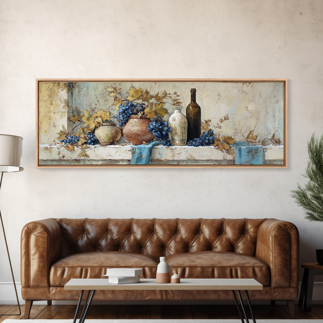Grapevine and Wine Still Life on Linen Framed Canvas Print, Italian Villa Art, Room Decor, Living Room Decor, Fine Art, Villa, IVA-3x1-47