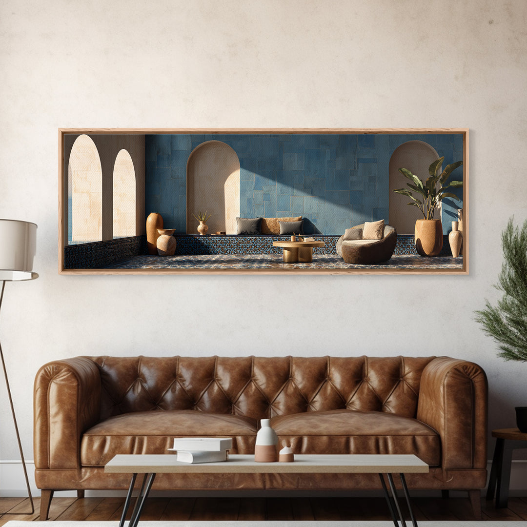 Mediterranean Arch Framing Blue Sea Canvas Print, Italian Villa Art, Statement Artwork, Living Room Decor, Fine Art, Villa, IVA-3x1-48