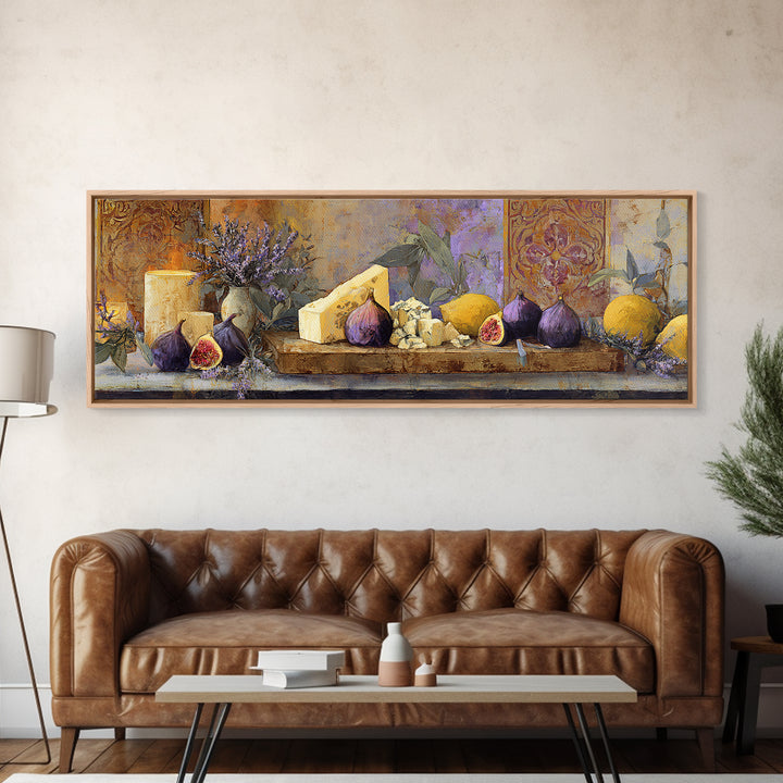 Figs and Cheese on Rustic Wooden Board Canvas Print, Italian Villa Art, Framed Wall Art, Living Room Decor, Abstract Art, Villa, IVA-3x1-49