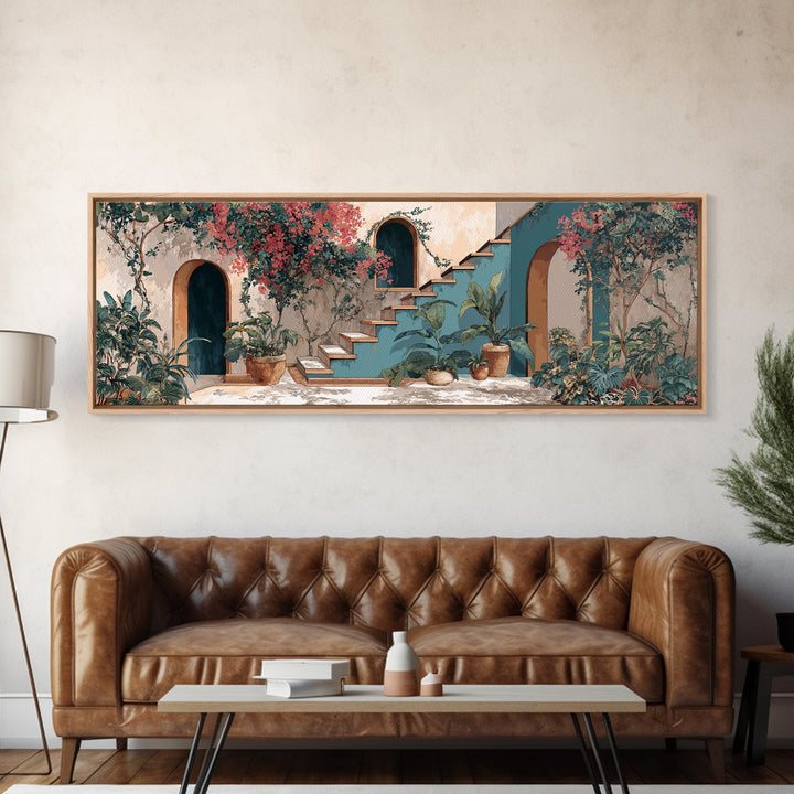 Sunlit Stone Stairway Framed Canvas Print, Italian Villa Art, Textured Painting, Living Room Decor, Villa, Bedroom Wall Art, IVA-3x1-51