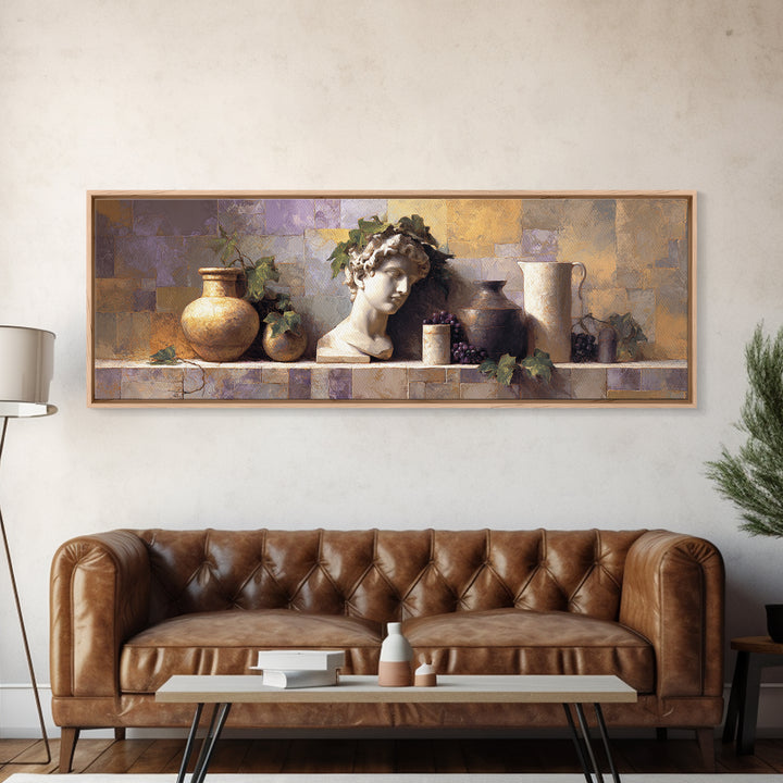 Classic Roman Statue Bust Framed Canvas Print, Italian Villa Art, Boho Decor, Living Room Decor, Abstract Art, Villa, IVA-3x1-52