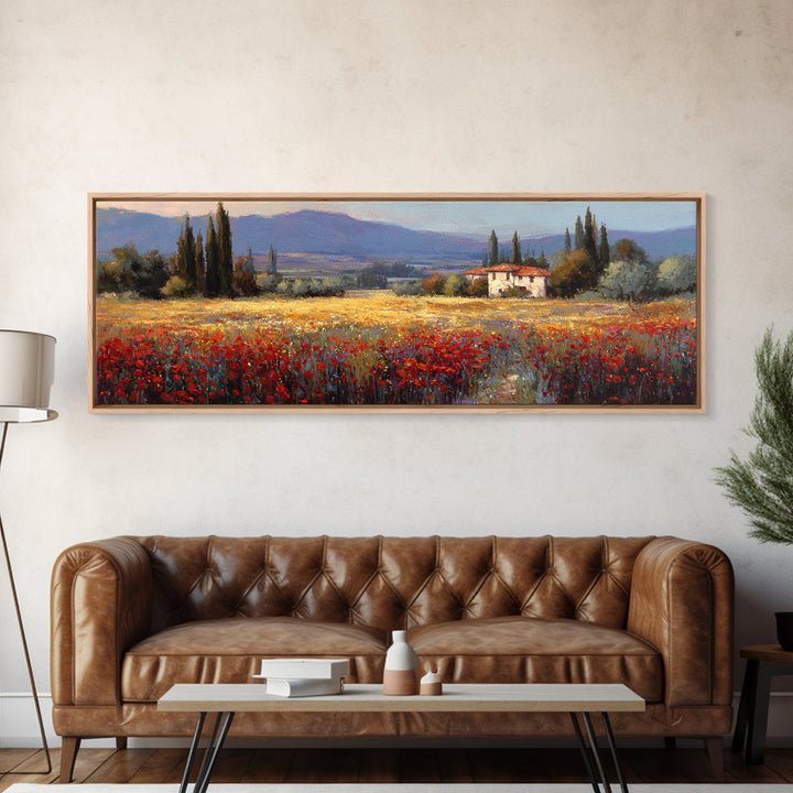 Tuscan Poppy Field Framed Canvas Print, Italian Villa Art, Boho Decor, Living Room Decor, Fine Art, Villa, Digital Wall Art, IVA-3x1-55