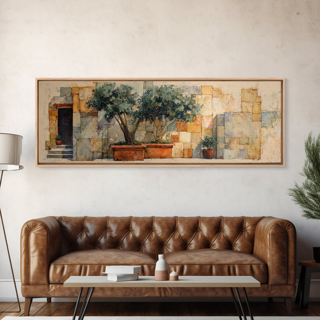 Orange Tree in a Courtyard Planter Canvas Print, Italian Villa Art, Coastal Decor, Living Room Decor, Fine Art, Villa, IVA-3x1-6