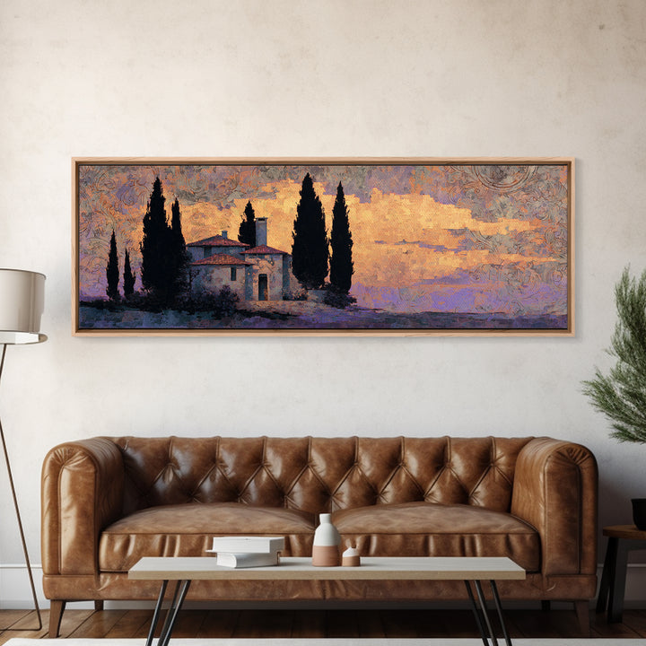 Cypress Silhouette at Sunset Canvas Print, Italian Villa Art, Living Room Decor, Oil Painting, Villa, Living Room Art, IVA-3x1-61