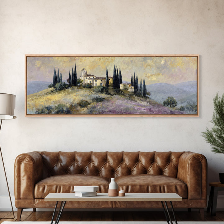 Tuscan Hillside with Cypress Trees and Golden Canvas Print, Italian Villa Art, Living Room Wall Art, Living Room Decor, Villa, IVA-3x1-65