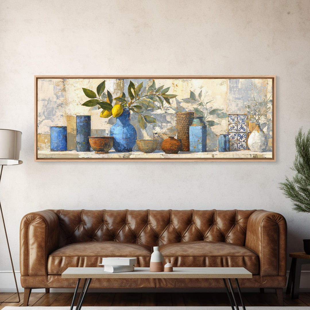 Lemon Branch in Blue Ceramic Vase Canvas Print, Italian Villa Art, Large Wall Art, Living Room Decor, Watercolor Art, Villa, IVA-3x1-66