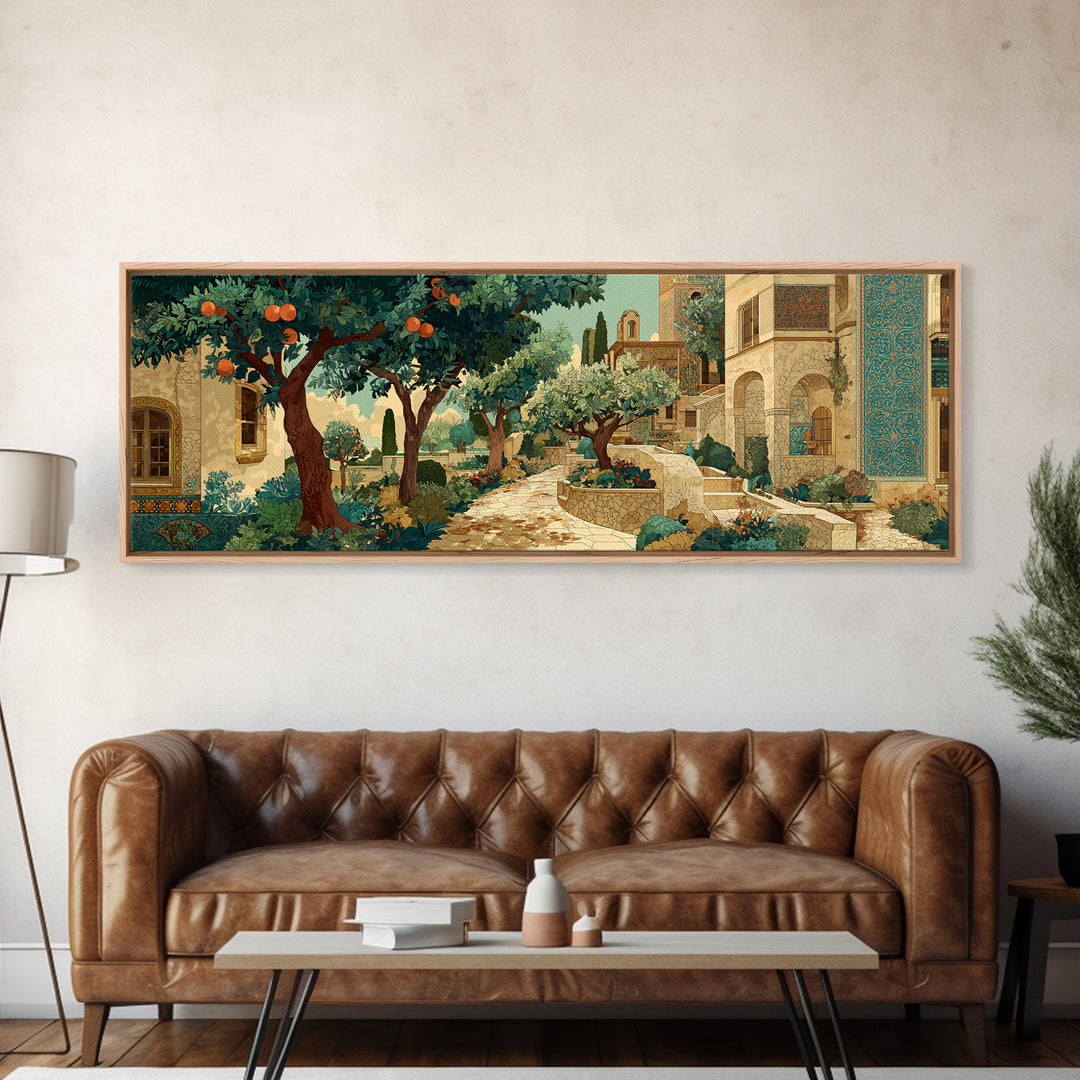 Olive Grove Path Framed Canvas Print, Italian Villa Art, Living Room Decor, Abstract Art, Villa, Coastal Wall Art, IVA-3x1-67