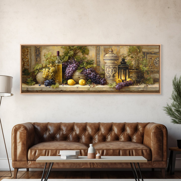 Grapevine and Wine Still Life on Linen Canvas Print, Italian Villa Art, Wall Art Prints, Living Room Decor, Fine Art, Villa, IVA-3x1-71