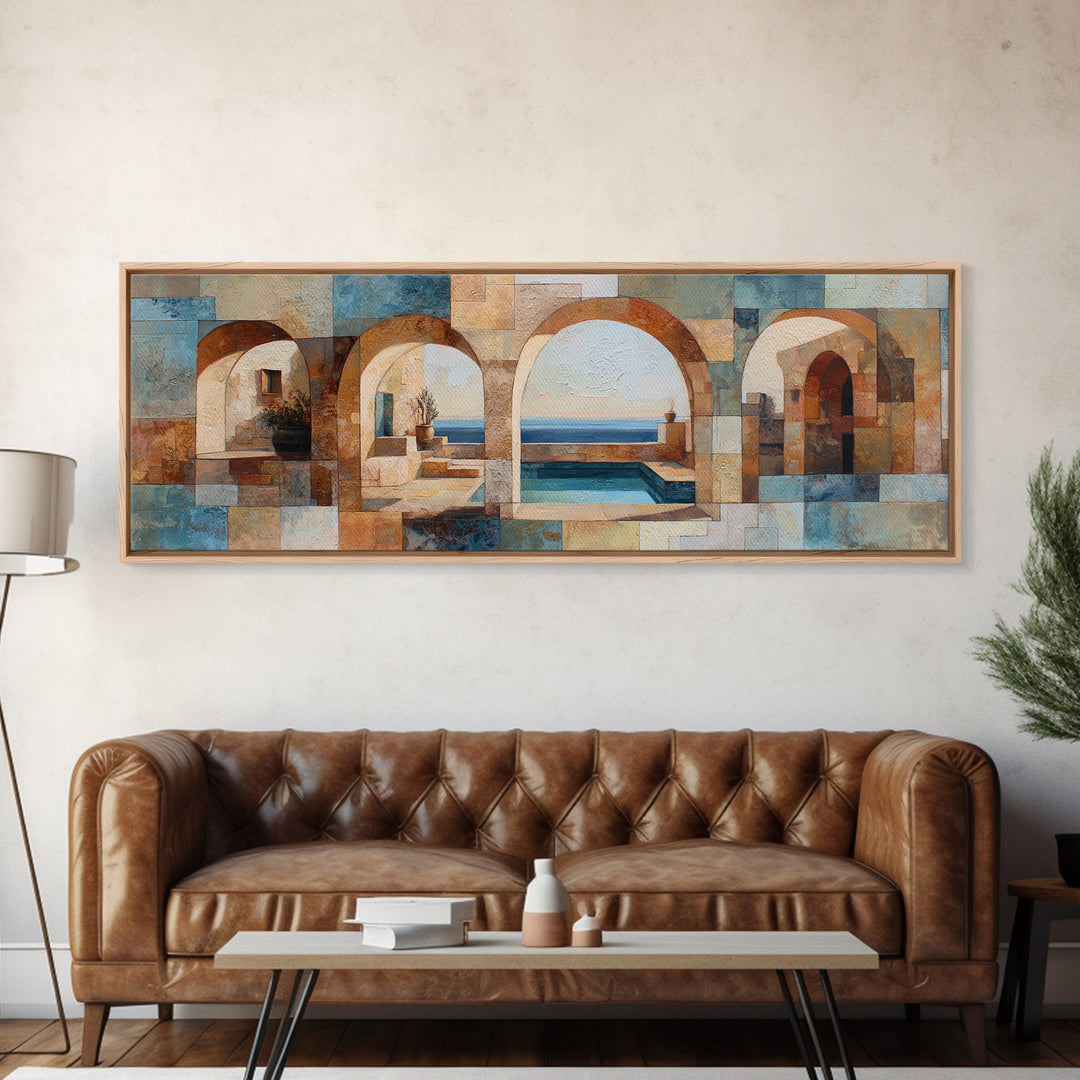 Mediterranean Arch Framing Blue Sea Framed Canvas Print, Italian Villa Art, Textured Painting, Living Room Decor, Villa, IVA-3x1-72