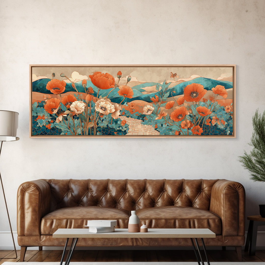 Tuscan Poppy Field Framed Canvas Print, Italian Villa Art, Oil Painting, Living Room Decor, Villa, Farmhouse Wall Art, IVA-3x1-79