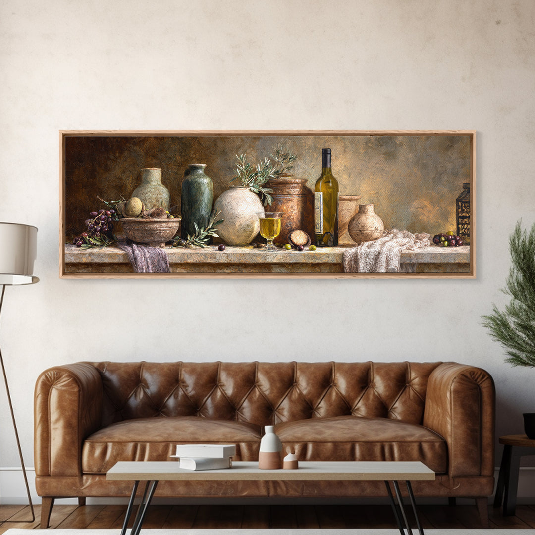 White Wine and Olives Still Life Canvas Print, Italian Villa Art, Living Room Art, Living Room Decor, Fine Art, Villa, IVA-3x1-8