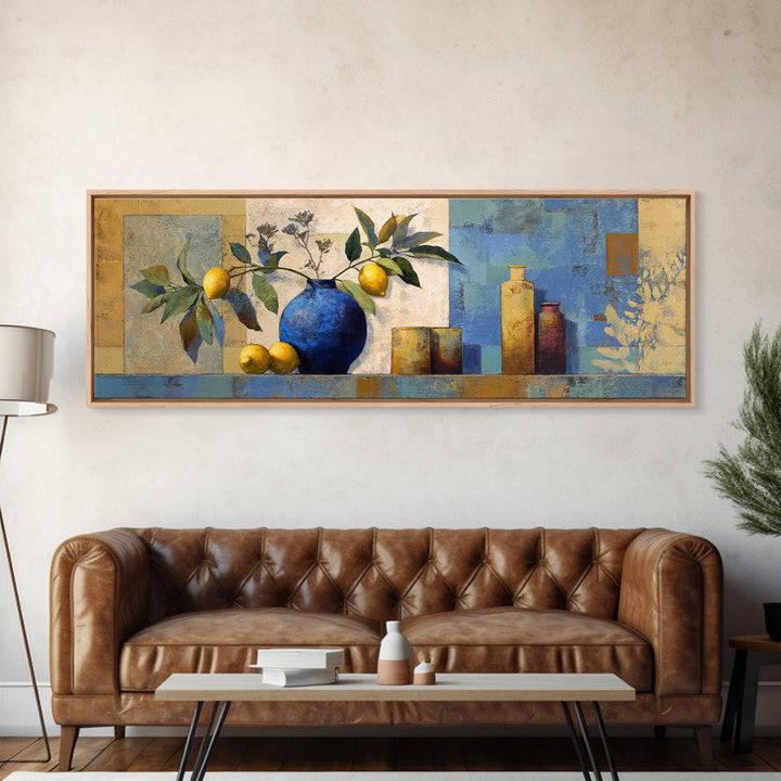 Lemon Branch in Blue Ceramic Vase Framed Canvas Print, Italian Villa Art, Bedroom Wall Art, Living Room Decor, Fine Art, Villa, IVA-3x1-90