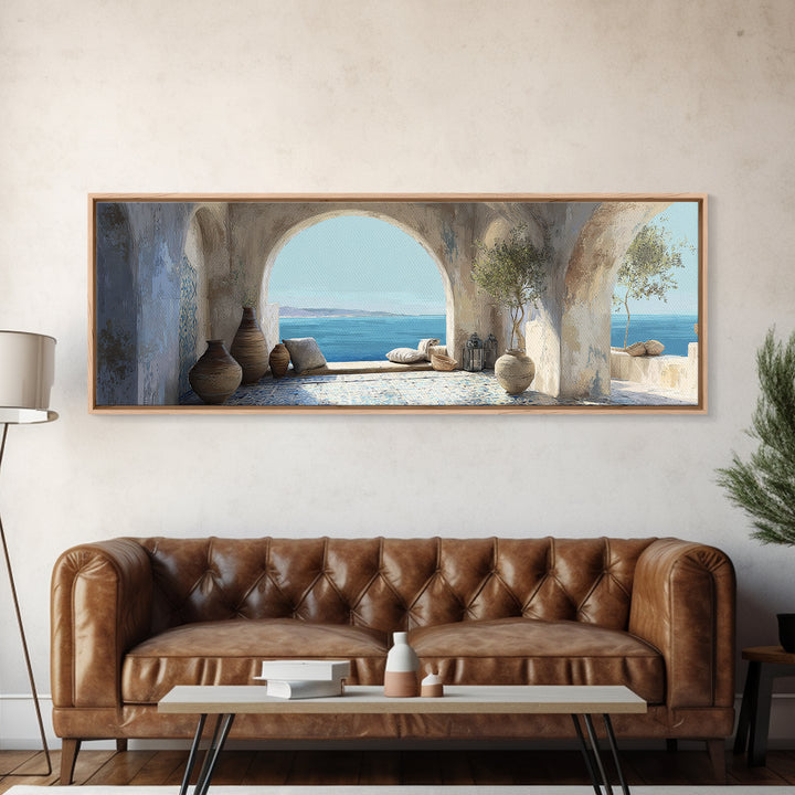 Mediterranean Arch Framing Blue Sea Canvas Print, Italian Villa Art, Gallery Wall, Living Room Decor, Fine Art, Villa, IVA-3x1-96