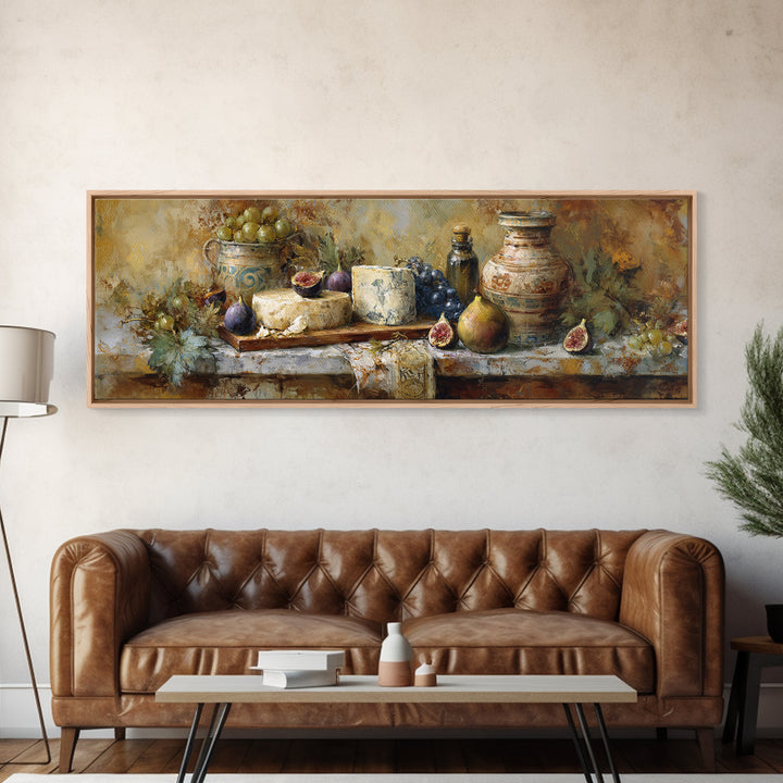 Figs and Cheese on Rustic Wooden Board Canvas Print, Italian Villa Art, Landscape Art, Living Room Decor, Watercolor Art, Villa, IVA-3x1-97