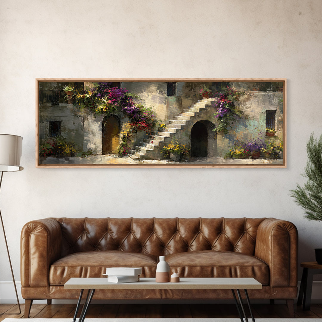 Sunlit Stone Stairway Framed Canvas Print, Italian Villa Art, Gallery Wall Set, Living Room Decor, Villa, Modern Decor, IVA-3x1-99