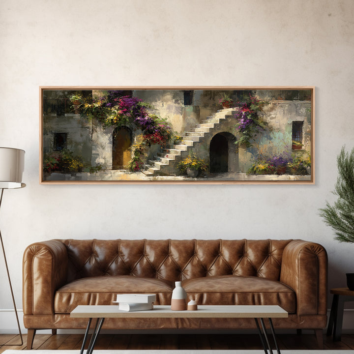 Sunlit Stone Stairway Framed Canvas Print, Italian Villa Art, Gallery Wall Set, Living Room Decor, Villa, Modern Decor, IVA-3x1-99