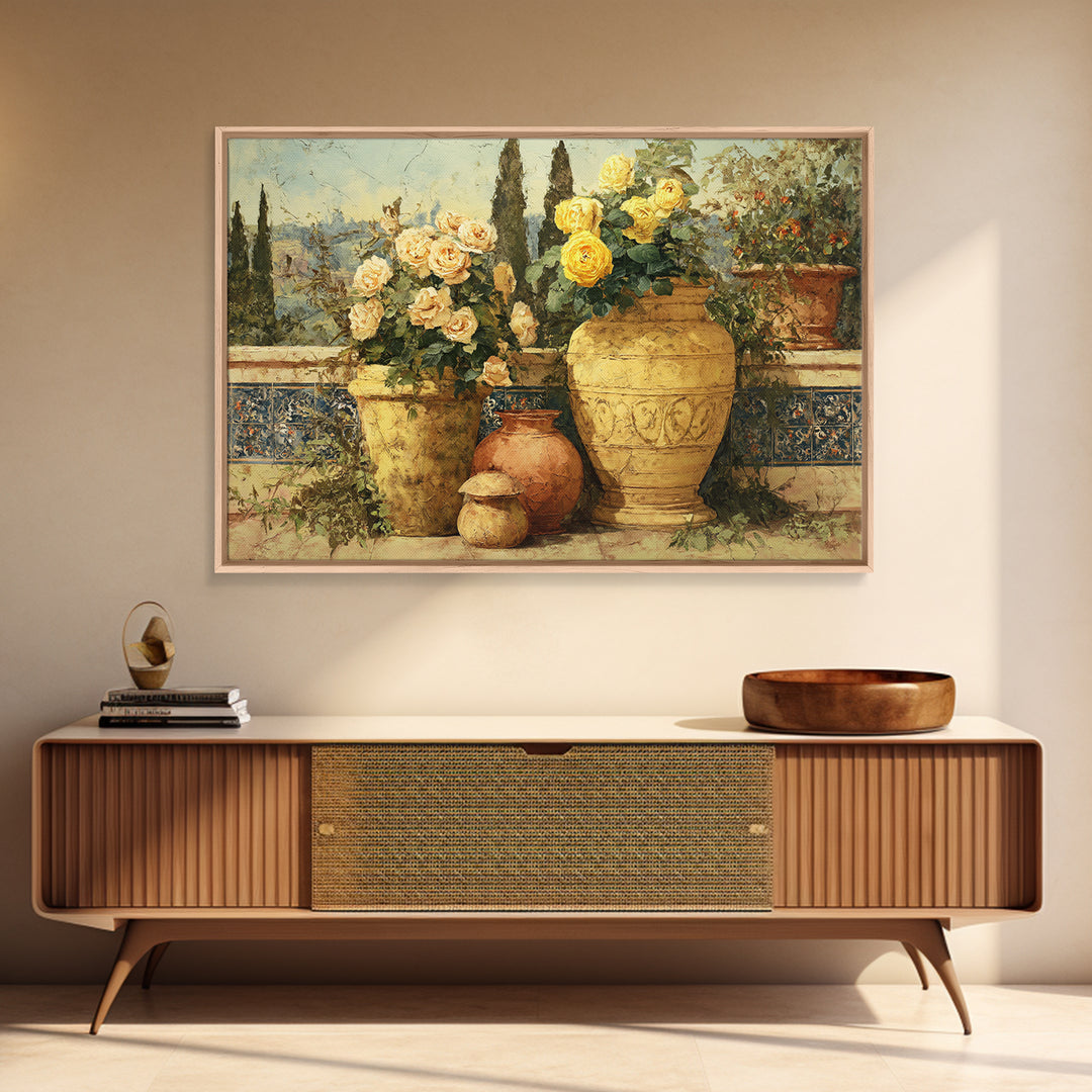 Italian Villa Garden Urn Framed Canvas Print, Italian Villa Art, Printable Wall Art, Living Room Decor, Oil Painting, Villa, IVA-3x2-10