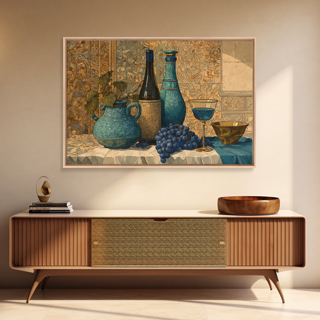 Grapevine and Wine Still Life on Linen Canvas Print, Italian Villa Art, Minimalist Decor, Living Room Decor, Abstract Art, IVA-3x2-11